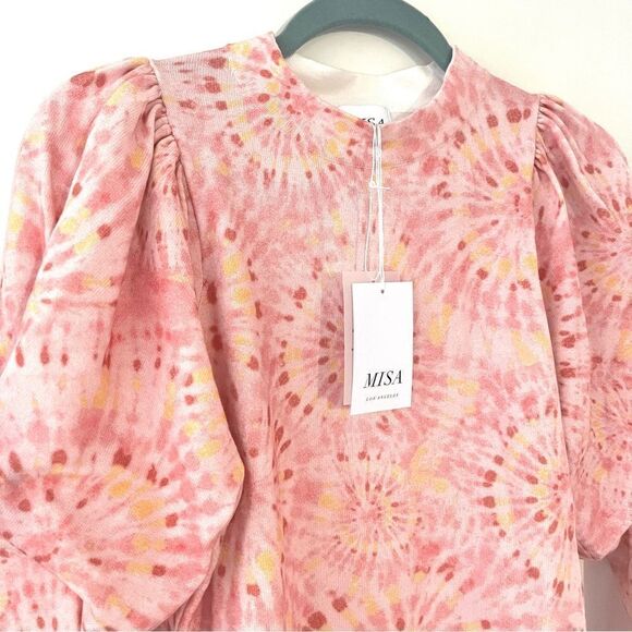 MISA Silk Blend Kali Long Sleeve Puff Shoulder Crewneck Sweater in Pink XS NWT - Picture 4 of 11